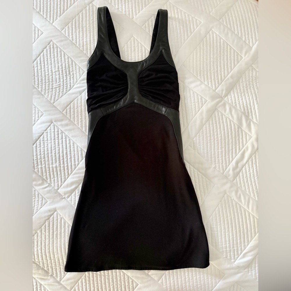 Sky Black Leather Detail Stretch Sleeveless Mini Dress